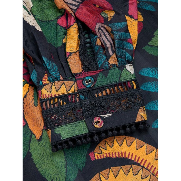 Farm Rio Macaw Ballet Blouse S L XL Ladder-Stitch Neck-Tie Floral Tropical Print - Picture 5 of 7